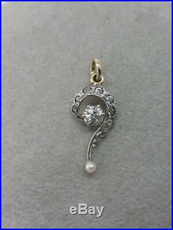 1/2CT Diamond Question Mark Pearl Pendant Art Deco Necklace Edwardian OMC 1900