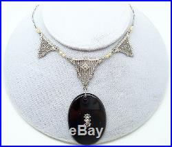 10k Gold Art Deco / Filigree Genuine Natural Onyx Necklace With Diamonds (#2837)