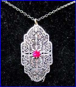 10K White Gold Genuine Ruby Art Deco Filigree Antique Pendant Necklace