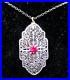 10K White Gold Genuine Ruby Art Deco Filigree Antique Pendant Necklace