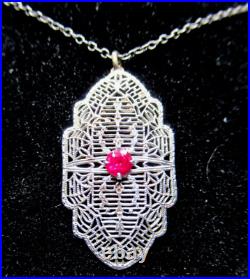 10K White Gold Genuine Ruby Art Deco Filigree Antique Pendant Necklace