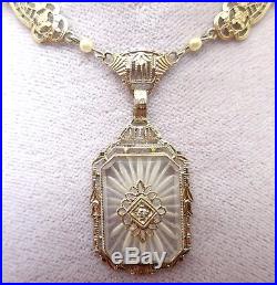 10k Gold Art Deco Rock Crystal Necklace with Pearls (#3535)