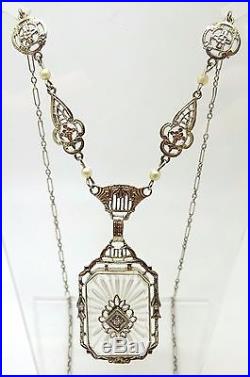 10k Gold Art Deco Rock Crystal Necklace with Pearls (#3535)