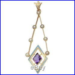 10k Yellow Gold Amethyst Seed Pearl Antique Art Deco Filigree Necklace Pendant