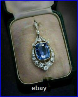 12.45 Ct Blue Sapphire & Round Diamond Art Deco Pendant In 14k White Gold Finish