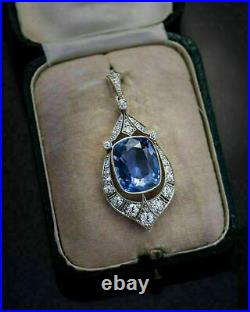 12.47 Ct Blue Sapphire & Round Diamond Art Deco Pendant 14K White Gold Finish
