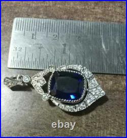 12.47 Ct Blue Sapphire & Round Diamond Art Deco Pendant 14K White Gold Finish