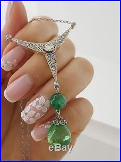 13 ct Antique Art Deco Platinum Drop Shape Natural Emerald & Diamond Necklace
