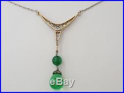 13 ct Antique Art Deco Platinum Drop Shape Natural Emerald & Diamond Necklace