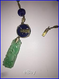 14k Gold Art Deco Chinese Apple Jade Lapis Necklace Signed Nr