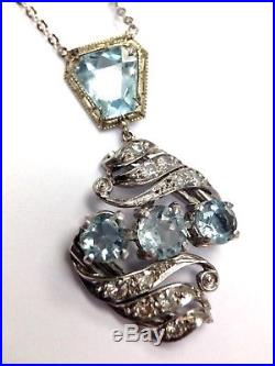 14K White Gold Antique Art Deco Diamond and Aquamarine Lavaliere Drop Necklace