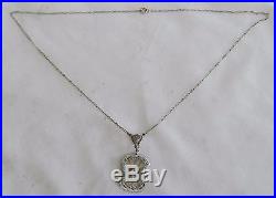 14K Wht Gold Art Deco Camphor Glass Diamond Filigree Pendant Necklace Not Scrap