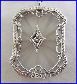 14K Wht Gold Art Deco Camphor Glass Diamond Filigree Pendant Necklace Not Scrap