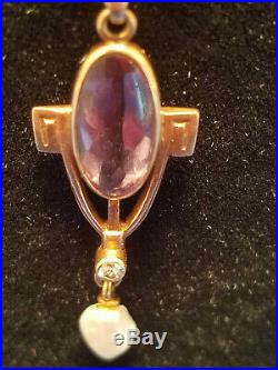 14K Yellow Gold Art Deco Amethyst, Diamond, Mississippi Pearl Lavalier Necklace