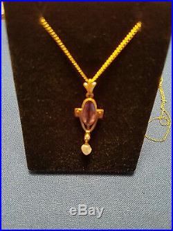 14K Yellow Gold Art Deco Amethyst, Diamond, Mississippi Pearl Lavalier Necklace