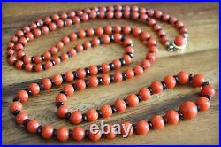 14k Art Deco 30 Red Coral & Faceted Black Glass Graduated Bead Necklace Undyed