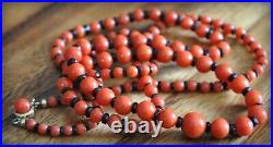 14k Art Deco 30 Red Coral & Faceted Black Glass Graduated Bead Necklace Undyed