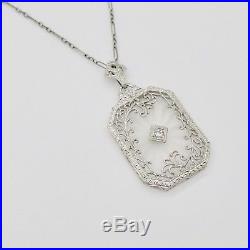 14k White Gold Art Deco Filigree Camphor Crystal Diamond Pendant Necklace 3.8g