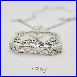 14k White Gold Art Deco Filigree Camphor Crystal Diamond Pendant Necklace 3.8g