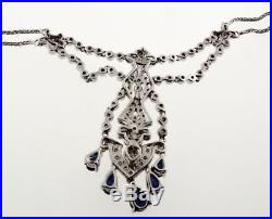 14k White Gold Art Deco Style 2.2 tcw Diamond Sapphire Double Chain Necklace 17