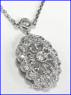 14k White Gold Vintage Filigree Diamond Necklace Art Deco Milligrain Pendant