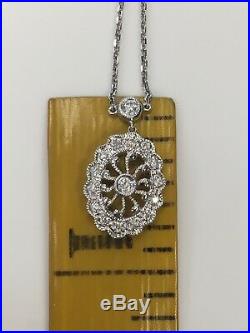 14k White Gold Vintage Filigree Diamond Necklace Art Deco Milligrain Pendant