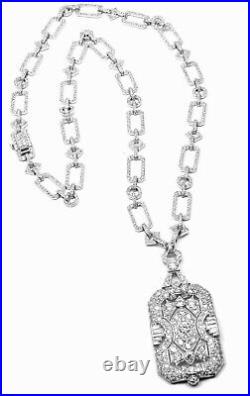 14k White Gold on 925 Sterling Silver Art Deco Style Pendant Necklace for Women