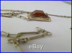 14k solid white gold Art Deco necklace with Carnelian stone