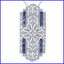 18K White Gold Finish Simulated Diamond Art Deco Pendant with 18 Chain Necklace