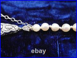 18ct White Gold Diamond Clasp Genuine Pearl Necklace Safety Chain Art Deco