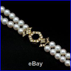 18k Gold Art Deco Japanese Aykoya Pearl Necklace With 1.00 Ctw Diamonds #e-115