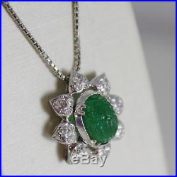 18k White Gold Flower Sun Diamonds Carved Emerald Pendant Necklace Art Deco