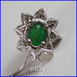 18k White Gold Flower Sun Diamonds Carved Emerald Pendant Necklace Art Deco
