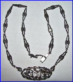 19. Estate Art Deco Sterling Silver & Marcasite Floral Necklace / Safety Clasp
