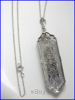 1920 Antique 14kt Wg Genuine Diamond Sapphire Filigree Art Deco Pendant Necklace