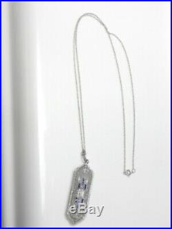 1920 Antique 14kt Wg Genuine Diamond Sapphire Filigree Art Deco Pendant Necklace