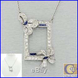 1920 Art Deco Estate Filigree Platinum 1.80ctw Diamond Sapphire Pendant Necklace