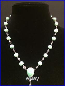 1920's 1930's Art Deco Peking Glass Jade Green Crystal Necklace Vintage Antique