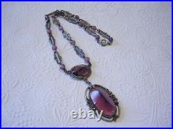 1920's 30's ART DECO Dimensional Purple / PLUM Glass Rhinestone ETCHED Necklace