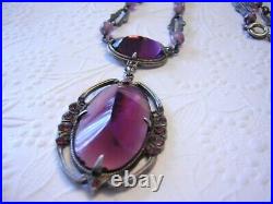 1920's 30's ART DECO Dimensional Purple / PLUM Glass Rhinestone ETCHED Necklace
