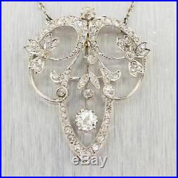 1920's Antique Art Deco Platinum 2ctw Diamond Pendant 14 Necklace