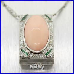 1920's Antique Art Deco Platinum Diamond Emerald Angel Skin Coral 15 Necklace