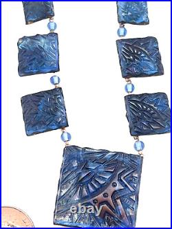 1920's Art Deco Czech Carved Blue Foiled Glass Squares Flapper Necklace