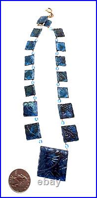 1920's Art Deco Czech Carved Blue Foiled Glass Squares Flapper Necklace