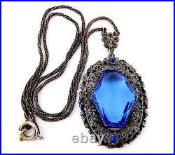 1920's Art Deco Czech Cobalt Blue Glass and Silver Plated Brass Necklace 20