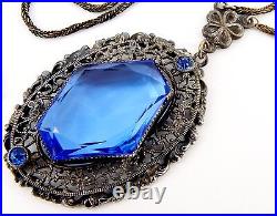 1920's Art Deco Czech Cobalt Blue Glass and Silver Plated Brass Necklace 20