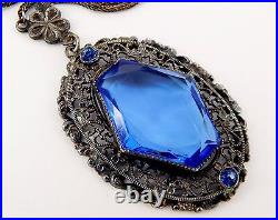 1920's Art Deco Czech Cobalt Blue Glass and Silver Plated Brass Necklace 20