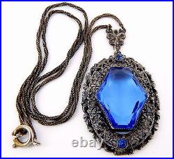 1920's Art Deco Czech Cobalt Blue Glass and Silver Plated Brass Necklace 20