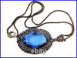 1920's Art Deco Czech Cobalt Blue Glass and Silver Plated Brass Necklace 20