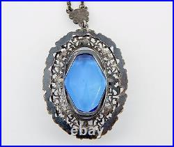 1920's Art Deco Czech Cobalt Blue Glass and Silver Plated Brass Necklace 20